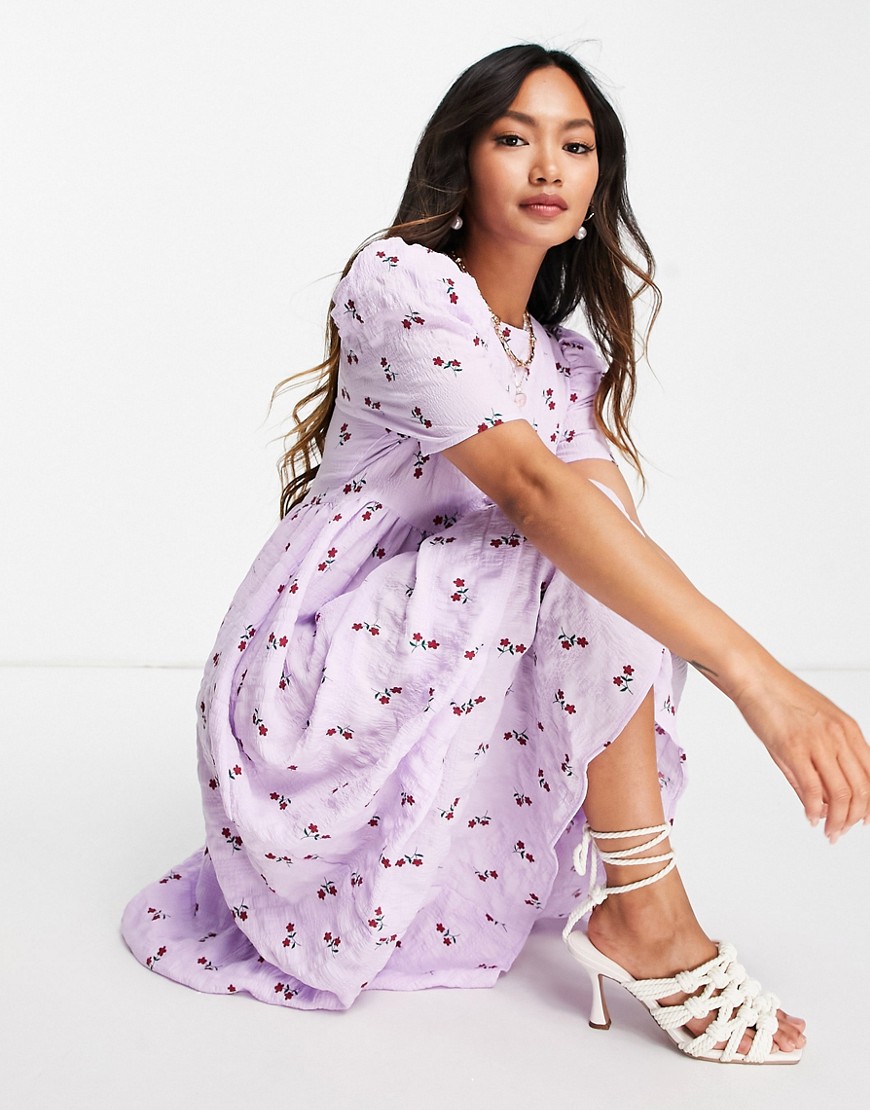Lost Ink Midi Smock Dress With Tie Front In Pretty Floral-purple