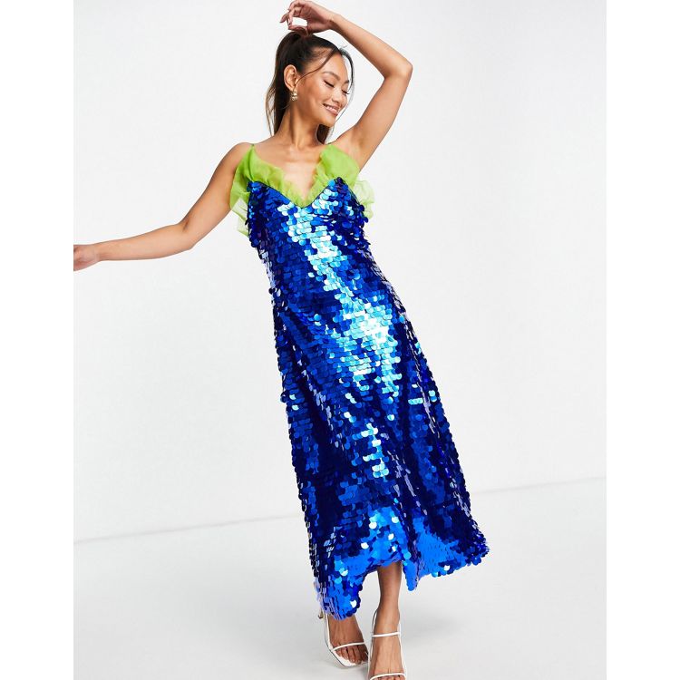 Lost Ink midi strappy dress in blue sequin with organza frill