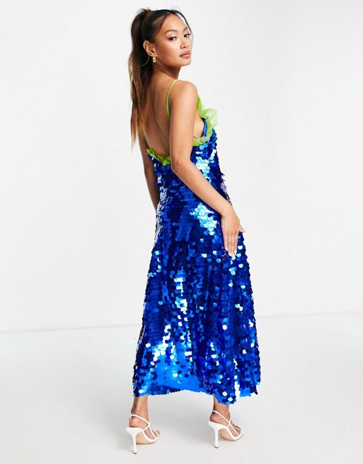 Lost Ink midi strappy dress in blue sequin with organza frill