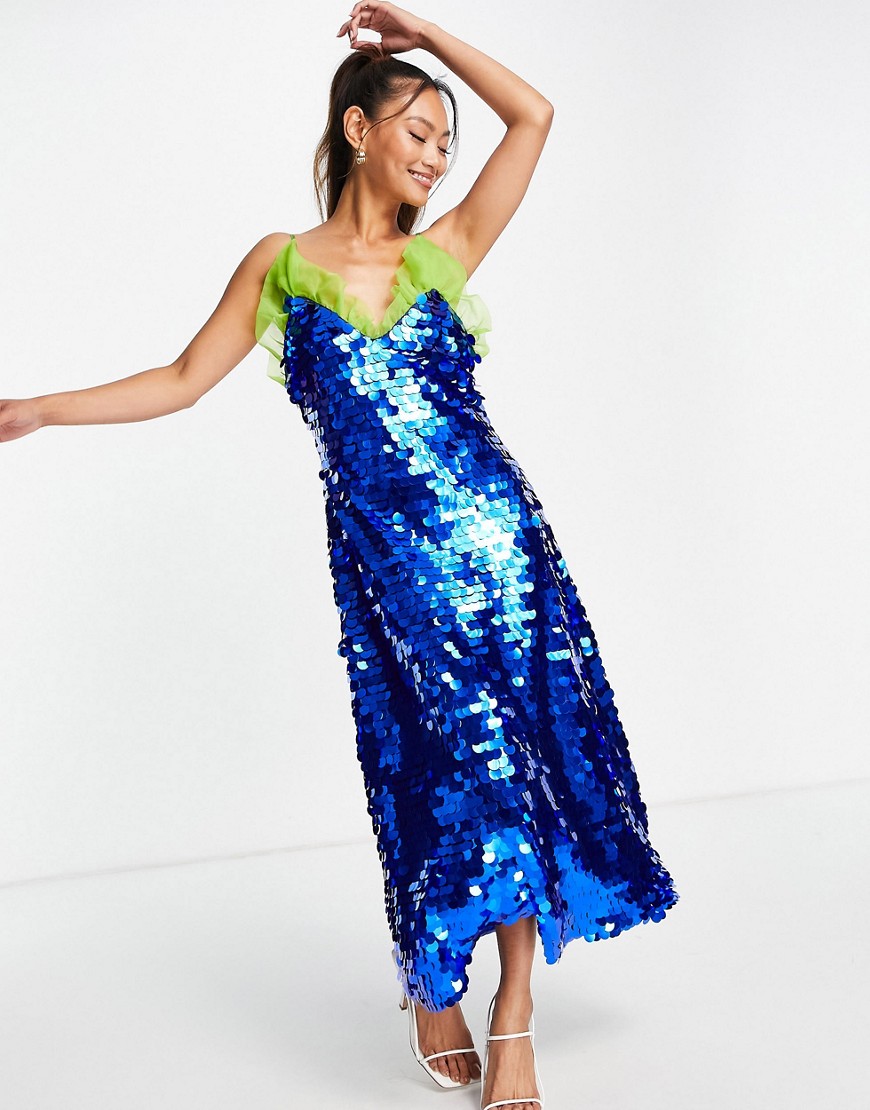 Lost Ink midi strappy dress in blue sequin with organza ruffle-Blues