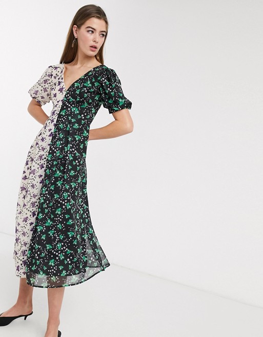 Lost Ink midi tea dress with back detail in mixed floral prints