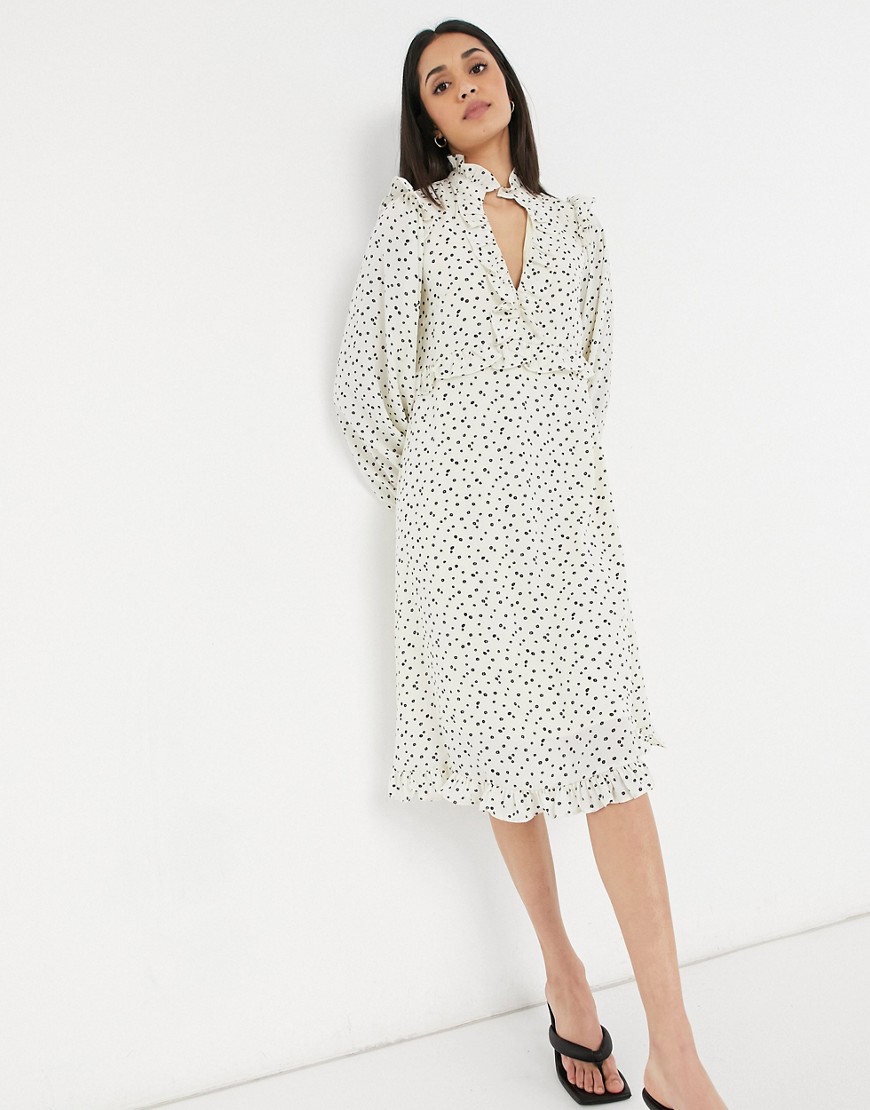 Lost Ink midi tea dress with ruffle trim in scattered dots-Yellow