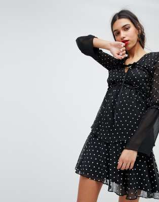 Mini Dress With Frill Sleeve In Mini Cross Dot-Black