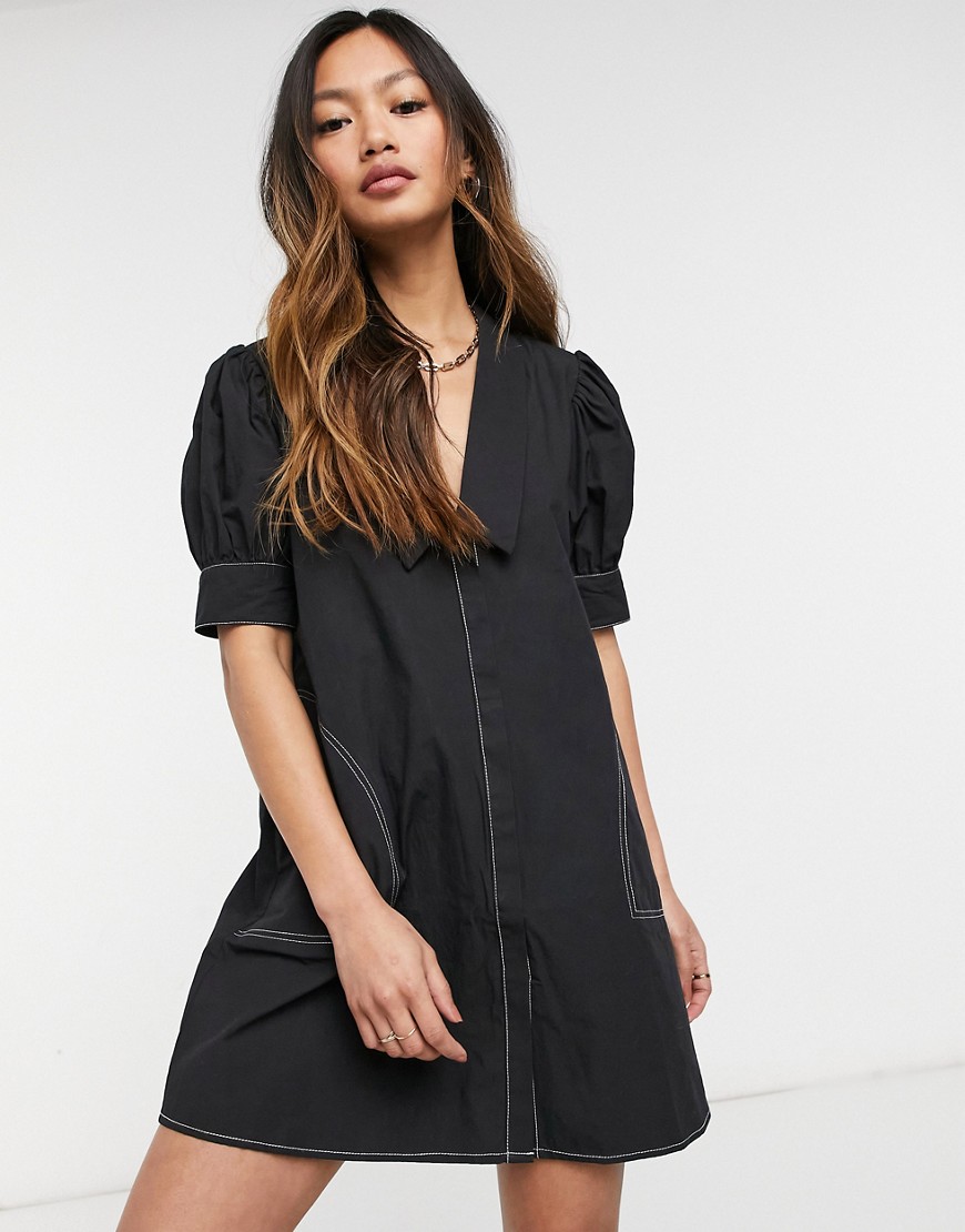 Lost Ink mini dress with v-neck collar and contrast stitch-Black