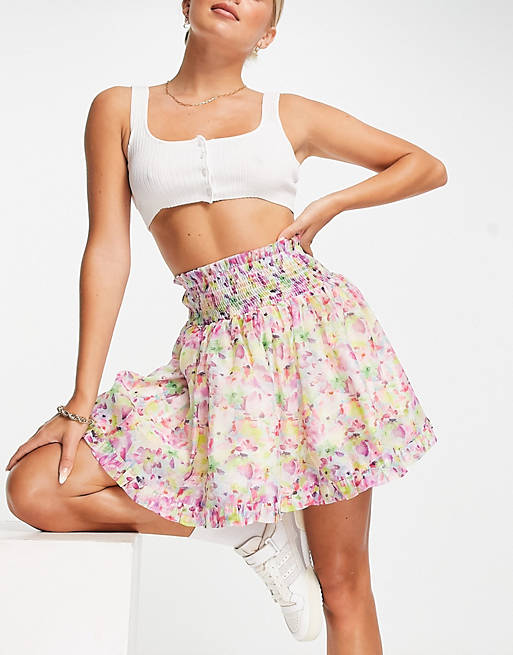 Lost Ink mini skirt with shirred waist in watercolour floral organza