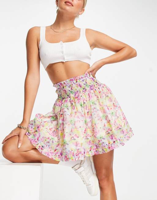 Lost Ink - Minigonna con vita arricciata in organza e stampa a fiori acquerello