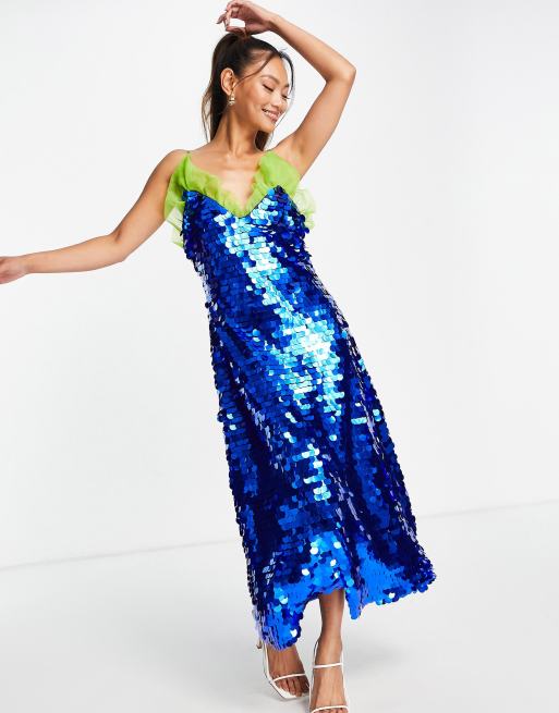 Lost Ink – Mit Pailletten besetztes Midikleid mit Trägern und Rüschenbesatz aus Organza