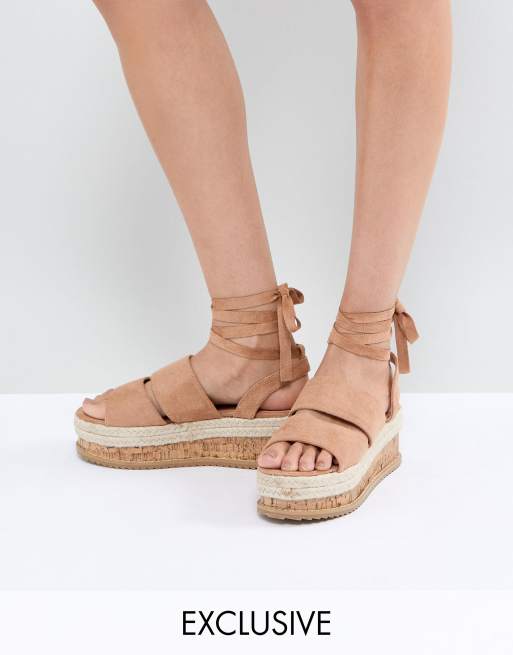 Lost Ink Natural Beige Ankle Tie Flatform Sandals | ASOS