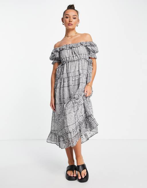 Lost Ink off the shoulder embellished gingham maxi dress in multi