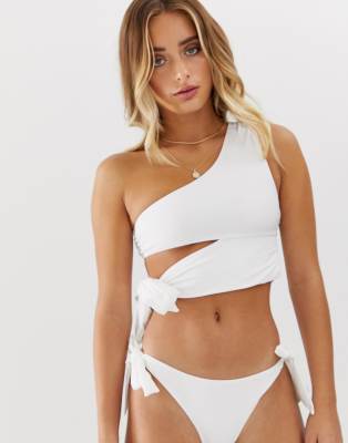 one shoulder white bikini