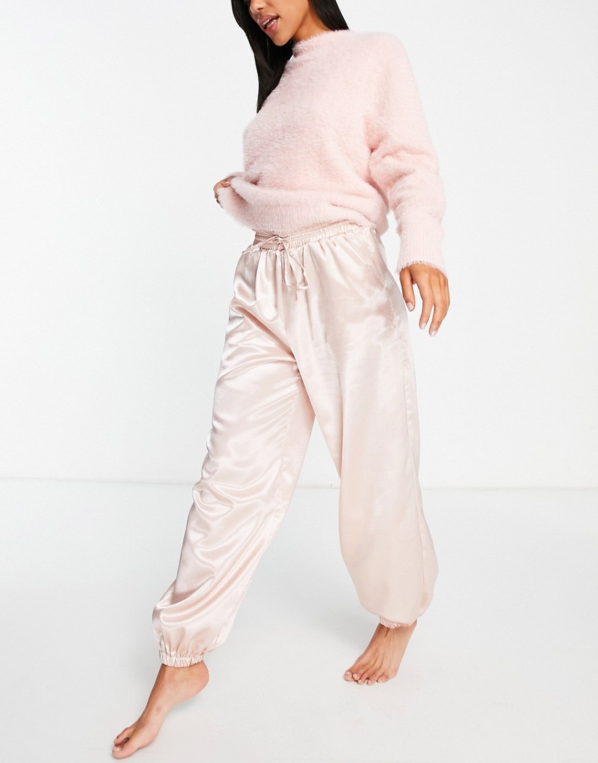 lost ink oversized supper fluffy knit and satin jogger in pink