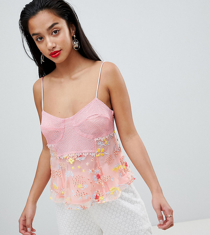 Lost Ink Petite Cami Top With Embroidered Detail In Lace Mix-Pink