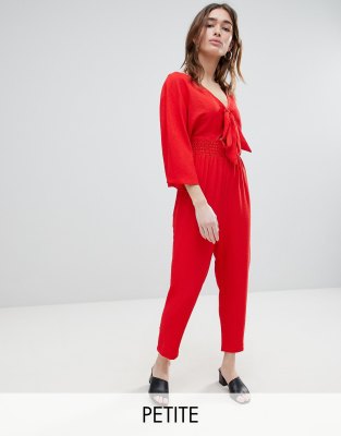 Lost Ink Petite Jumpsuit With Tie Front And Shirred Waist In Red