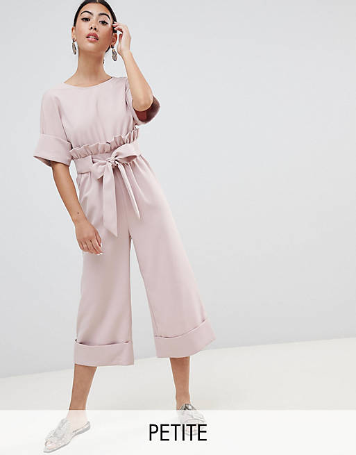Lost Ink Petite Wide Leg Jumpsuit With Tie Waist And Frill Detail | ASOS