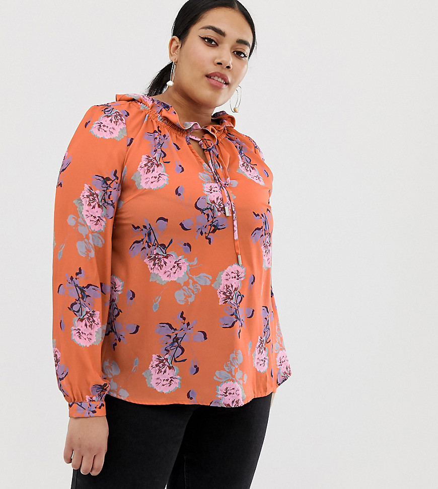 Lost Ink Plus blouse with tie neck in bright floral-Multi