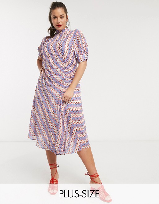 Lost Ink Plus button detail midi dress in stripe ditsy floral