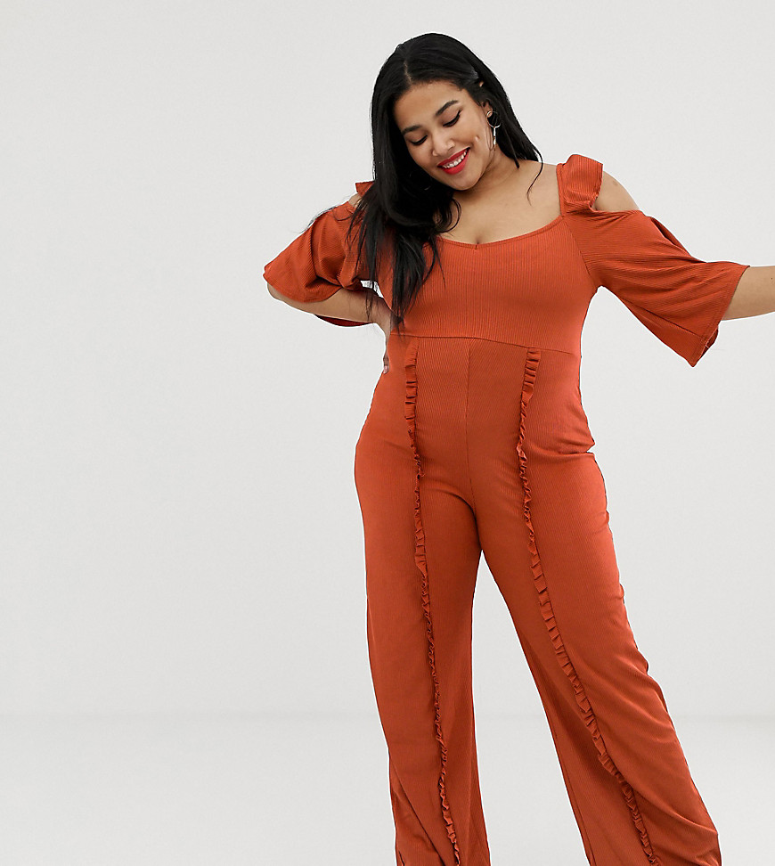 Lost Ink Plus Cold Shoulder Jumpsuit With Frill Leg Detail In Textured Fabric-Orange