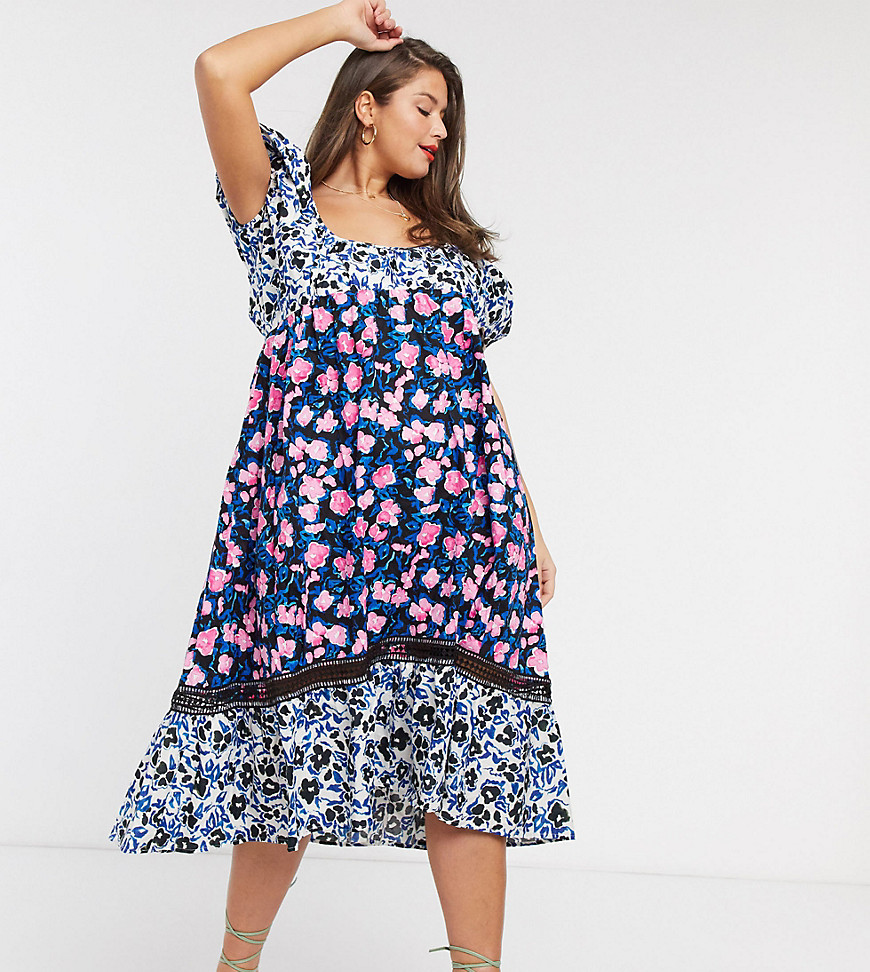 Lost Ink plus maxi dress with peplum hem and volume sleeves in mixed floral print-Multi