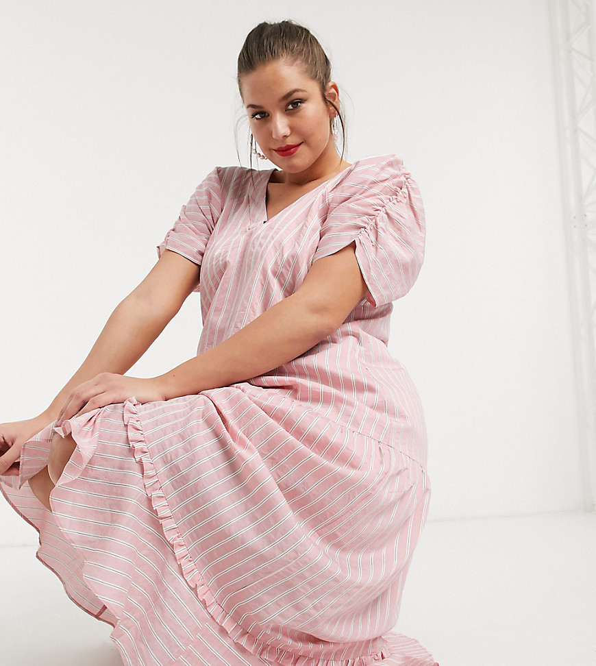 Lost Ink plus maxi smock dress with tiered skirt in stripe-Pink