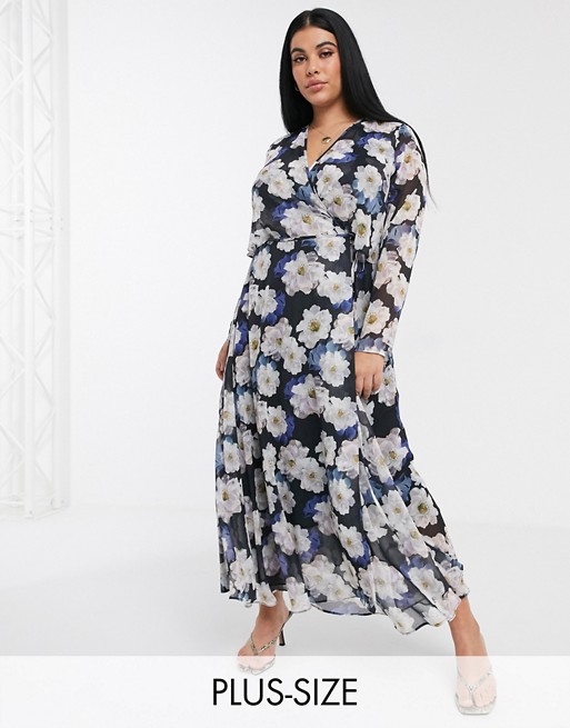 Lost Ink Plus maxi wrap dress in oversized floral print