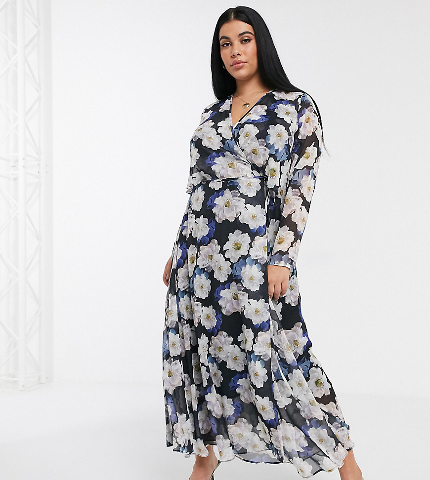 Lost Ink Plus maxi wrap dress in oversized floral print-Multi