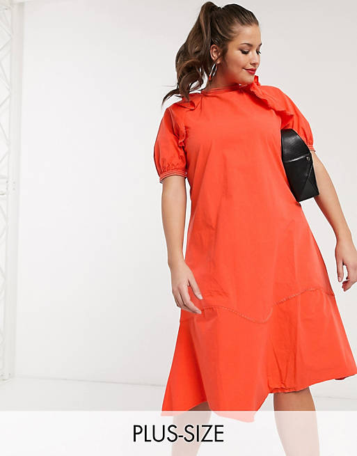 Lost Ink Plus midaxi dress with ruffle shoulder in cotton | ASOS