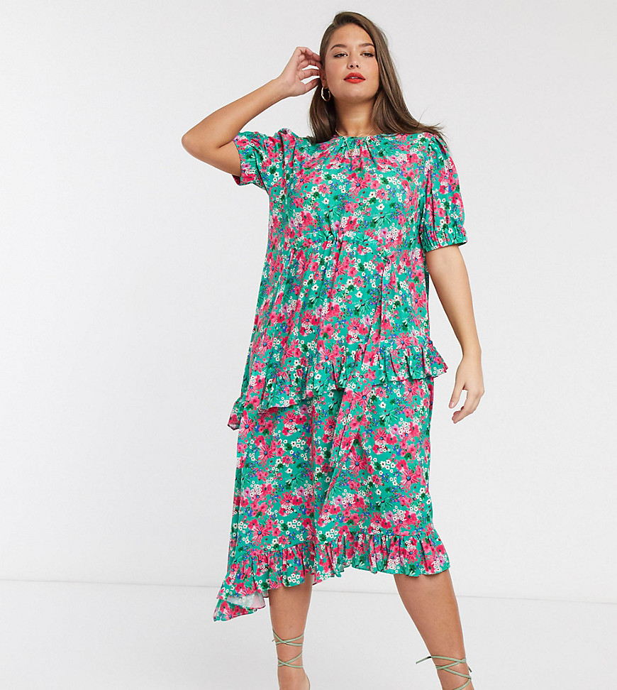 Lost Ink plus midi dress with drawstring detail and frill skirt in bright floral-Pink
