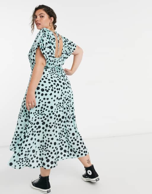 Lost Ink plus midi dress with shirred bodice in dalmatian polka dot