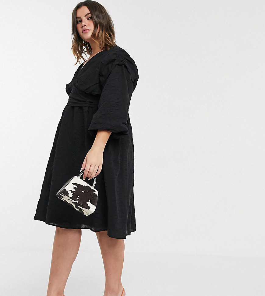 Lost Ink plus - Midi-jurk met wijde mouwen en rok met textuur-Zwart