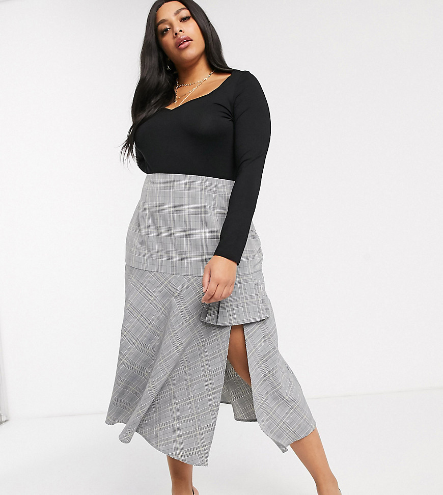 Lost Ink Plus midi skirt in check with side split-Grey