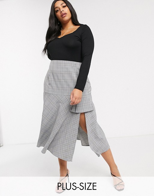 Lost Ink Plus midi skirt in check with side split