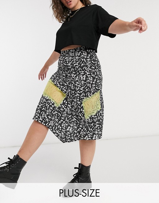 Lost Ink plus midi skirt with contrast lace trim in ditsy floral print