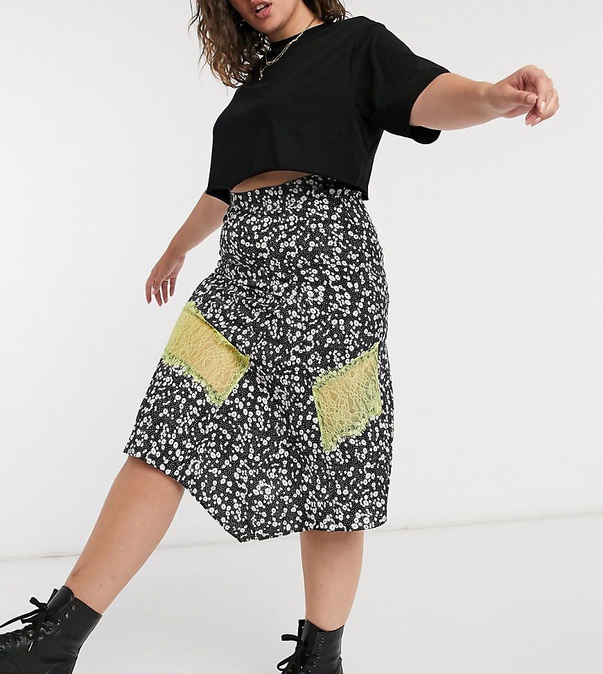 Lost Ink plus midi skirt with contrast lace trim in ditsy floral print-Multi