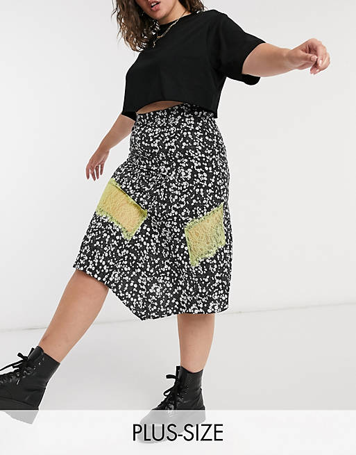 Lost Ink plus midi skirt with contrast lace trim in ditsy floral print 