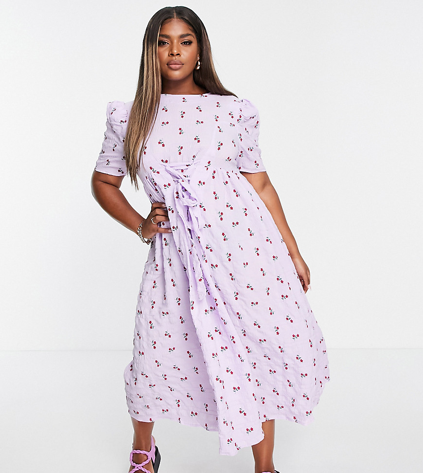 Lost Ink Plus Midi Smock Dress With Tie Front In Pretty Floral-purple ...