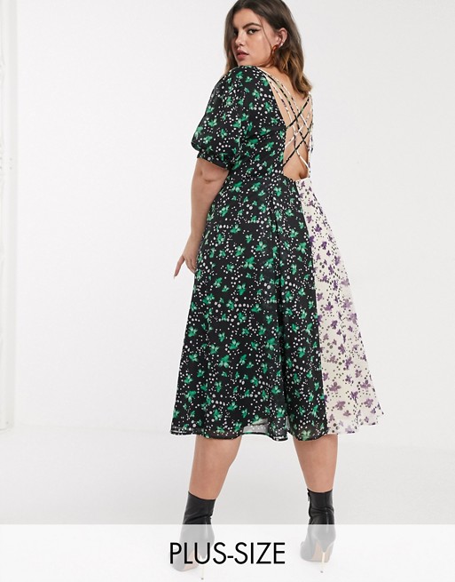 Lost Ink plus midi tea dress with back detail in mixed floral prints | ASOS