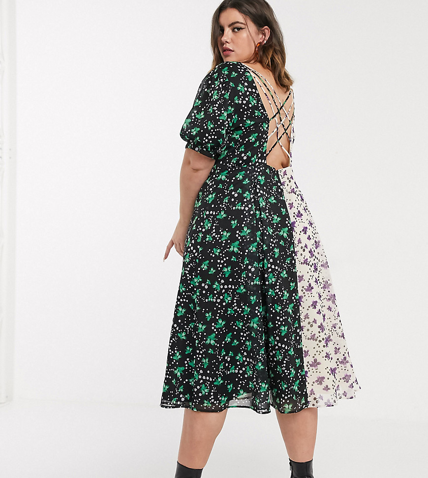 Lost Ink plus midi tea dress with back detail in mixed floral prints-Multi