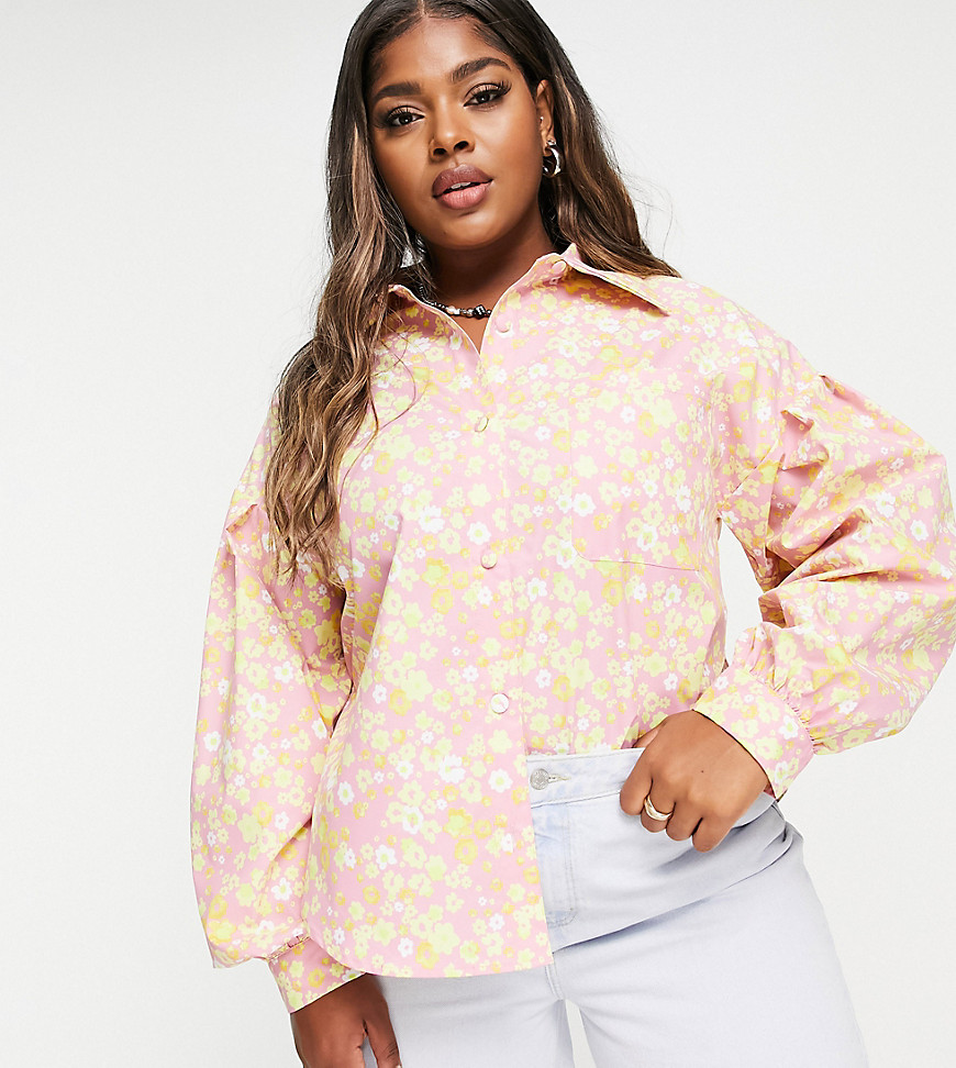 lost ink plus oversized shirt with balloon sleeves in retro floral print-multi