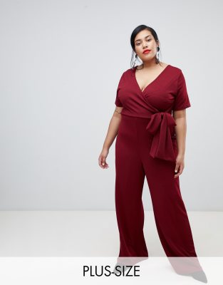 Lost Ink Plus plunge jumpsuit with wrap tie waist-Red