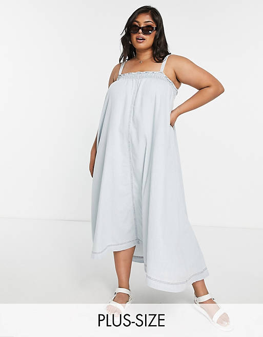 Lost Ink Plus relaxed midi cami smock dress with shirring in denim | ASOS