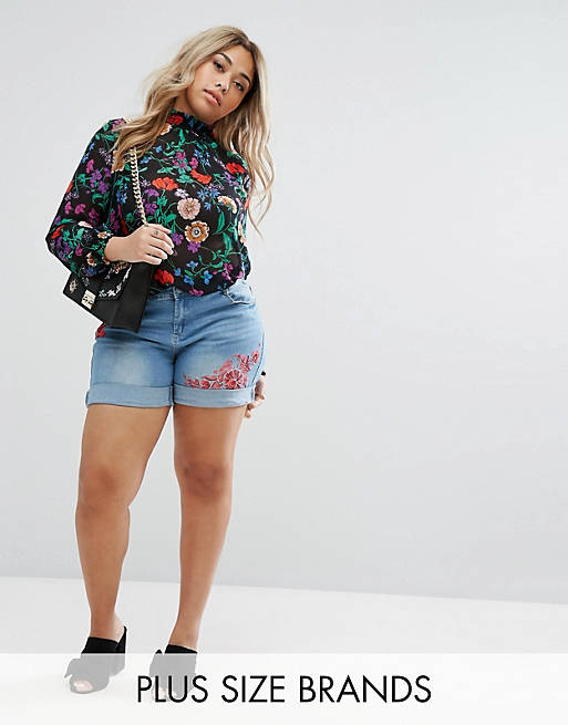 Lost Ink Plus Rose Embroidered Denim Shorts