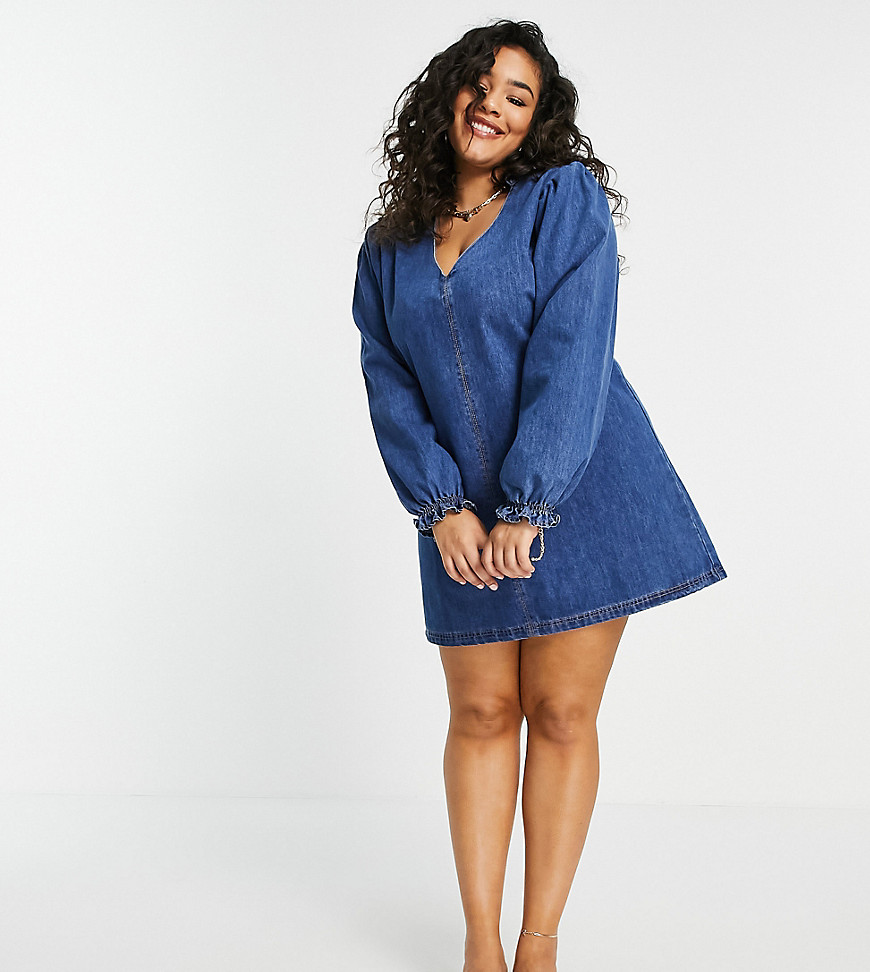 lost ink plus swing dress with collar and balloon sleeves in vintage denim-blue