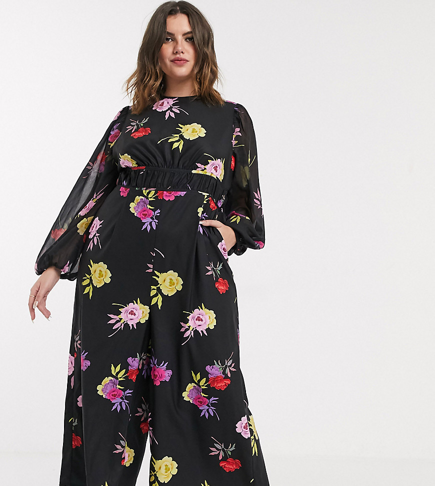 Lost Ink plus waisted jumpsuit in bold floral print-Blue