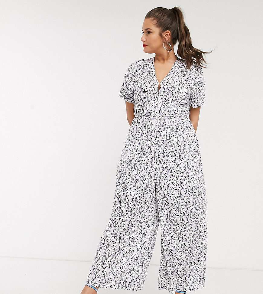 Lost Ink Plus wide leg jumpsuit with ruched sleeves in vintage floral-White