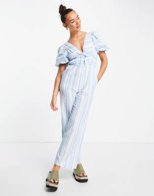 Lost Ink puff sleeve wide leg jumpsuit in multi blue stripe