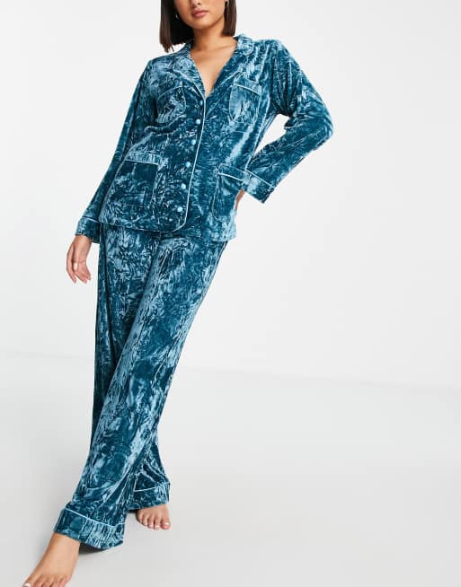 Lost Ink - Pyjama en velours à boutonnage simple - Bleu
