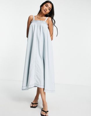 Lost Ink relaxed midi cami smock dress with shirring in denim
