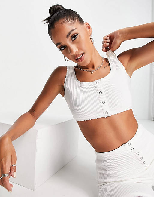 Lost Ink ribbed crop top with popper detail in white