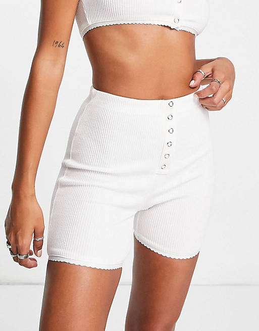 Lost Ink ribbed legging short with popper detail in white