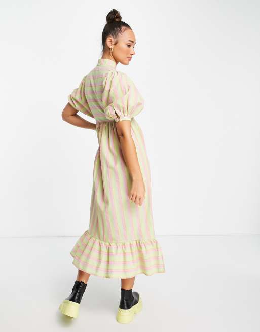 Lost Ink - Robe longueur mollet boutonnée à l'avant à rayures - Vert/rose, 2 de 4